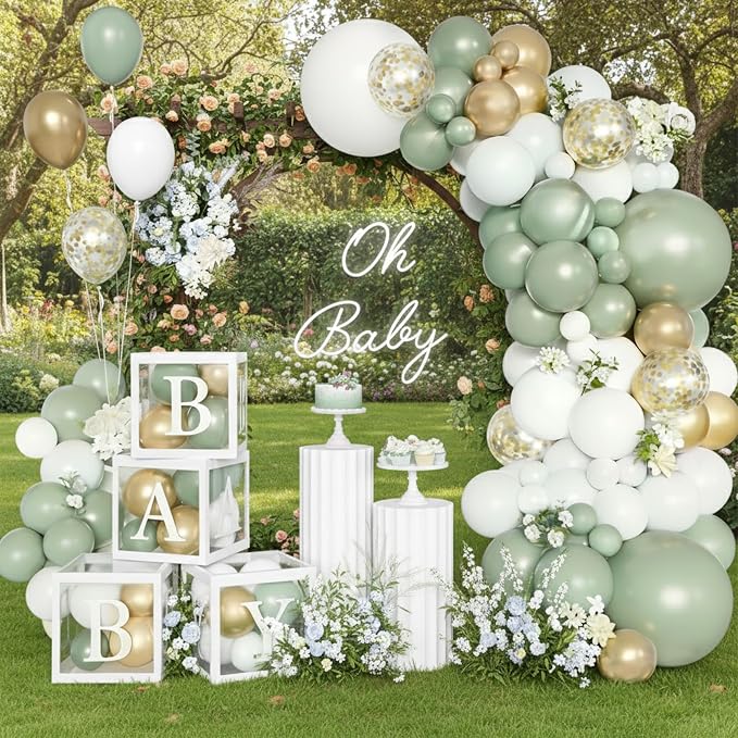 148Pcs Sage Green Baby Shower Decorations - Gender Neutral Party Supplies - Olive Green Gold White Balloon Garland Arch Kit with 4 Baby Boxes for Boy Girl Jungle Safari Backdrop