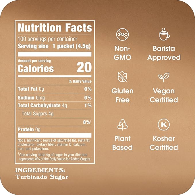Sugar In The Raw Turbinado Cane Sugar Packets, 100 Ct, Pure, All-Natural Turbinado Sugar, Non-GMO Project Verified, Kosher, Vegan and Gluten Free (Pack of 2)