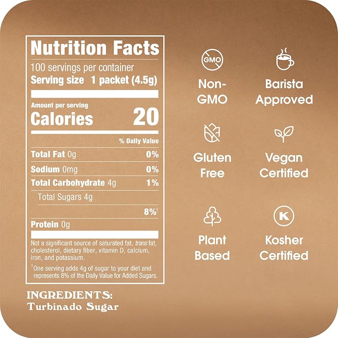 Sugar In The Raw Granulated Turbinado Cane Sugar On The Go Packets, Pure Natural Sweetener, Hot & Cold Drinks, Coffee, Cooking, Baking, Vegan, Gluten-Free, Non-GMO, 100 Count Packets (8-Pack)