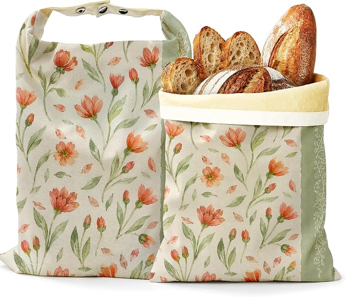 2 Pack Reusable Beeswax Peach Flower Bread Bags, Sourdough Bread Sage Leaf Storage for Homemade, Freezer Storage Bag to Keep Fresh, Baguette Bag with Beeswax Liner Kitchen Baking