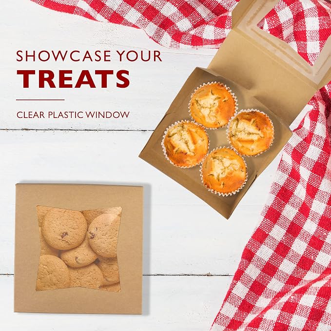 Fit Meal Prep 25 Pack Bakery Boxes with Window 6x6x3 Kraft Cake Box Cardboard Bakery Packaging for Cupcake, Cookies and Pastry, Treat Box Pie Box for Valentine's Day, Christmas