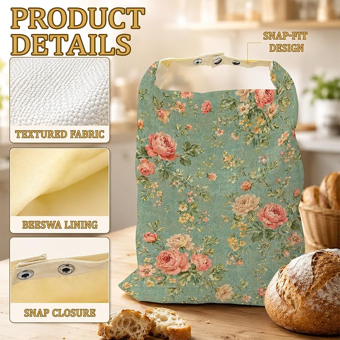 Pink Rose Bread Bags for Homemade Bread, Botanical Vine 2 Pack Linen and Beeswax Sourdough Storage Bags, Reusable Keeper, Keeps Breads Fresh Longer, Gifts for Bakers