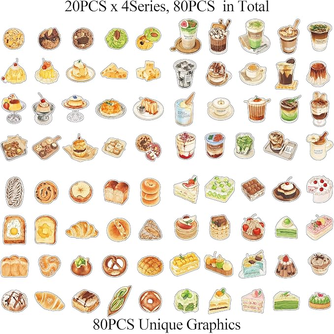 Maxleaf 80PCS Dessert Cake Clear Stickers for Scrapbook Decoration, 4 Series Retro Foods Bread Cake Coffee Stickers for Daily Life Diary Album Decoration