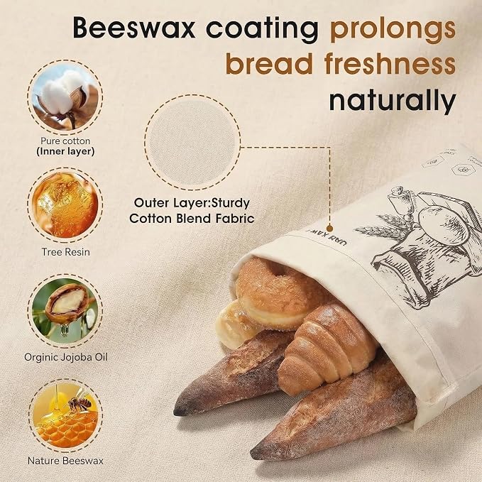 2-Pack Extra Large Beeswax Bread Bags with Zipper Seal – Reusable Bread Storage Bags, Eco-Friendly Natural Beeswax Lining, to Keep Homemade Bread Fresh for Sourdough & Artisan Loaves (White) | with Zipper
