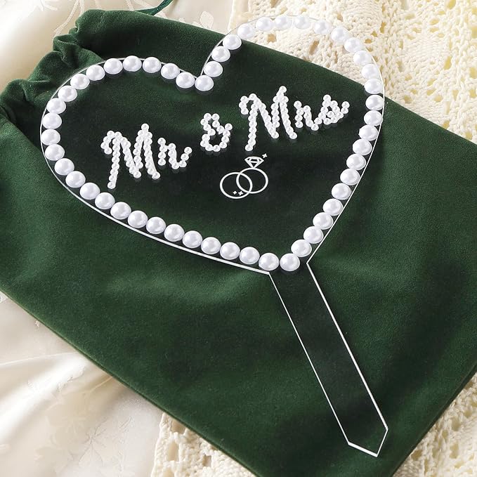 Coucoland Mr and Mrs Cake Topper - Heart Wedding Cake Decor with Elegant Mini Pearl Beads for Engagement Bridal Anniversary