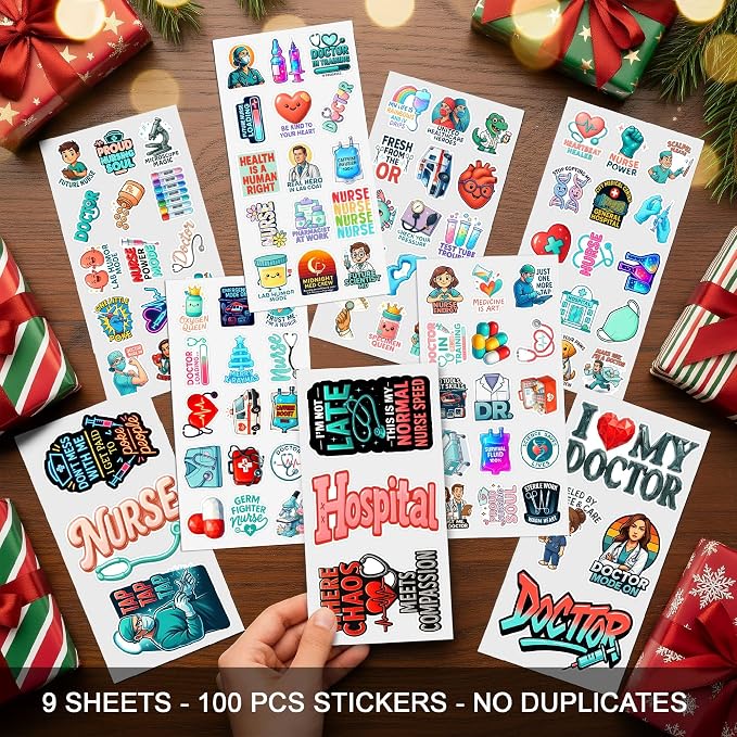 100 PCS Hospital Stickers Pack, Medical Nurse Doctor Vinyl Waterproof Decals, Funny Healthcare Sticker for Hard Hat Bumper Car Water Bottle Laptop Scrapbook, Gifts for Students Adults