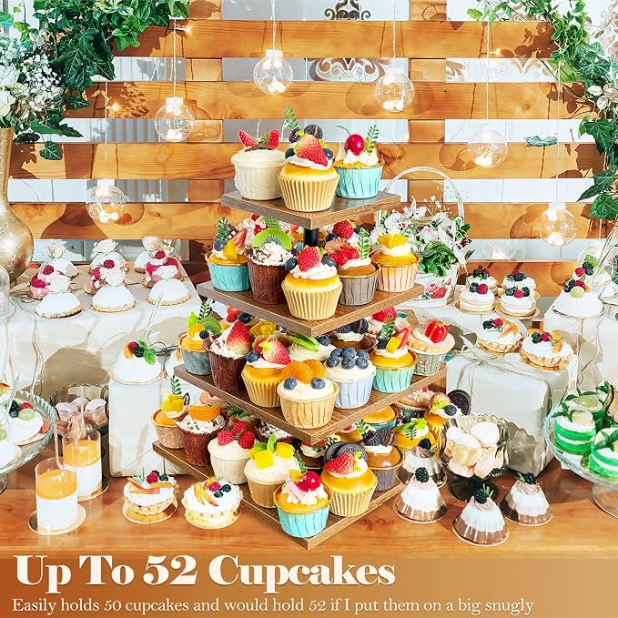 4 Tier Cupcake Stand, Wooden Cupcake Holder Stand for 50 Cupcakes Rustic Cupcake Display Stand for Wedding, Birthday