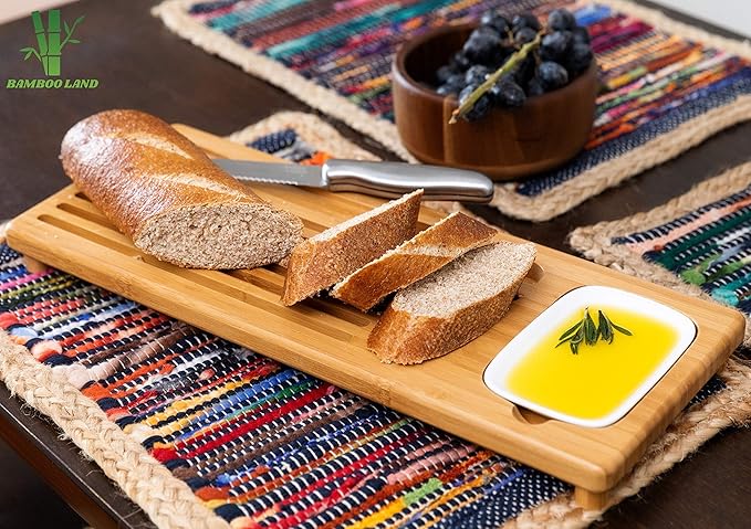BAMBOO LAND- Large Bamboo Bread Board with Bread Crumb Catcher and Ceramic Dipping Dish