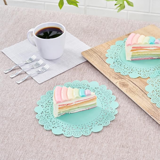 Pastry Tek 8 x 8 Inch Paper Lace Doilies, 100 Disposable Table Doilies - Elegant Lace Finish, Long Lasting, Teal Paper Doily, for Pastries, Cupcakes, Desserts - Restaurantware