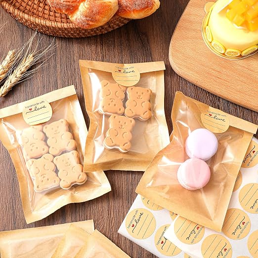 Outus 50 Pcs Cookie Packaging Bags with Seal, 4 x 6 Inch Bakery Pastry Bags with Window, Heat Sealable Grease Resistant Paper to Go Bake Sleeves for Gift Giving Donut Bread Sandwich (Brown)