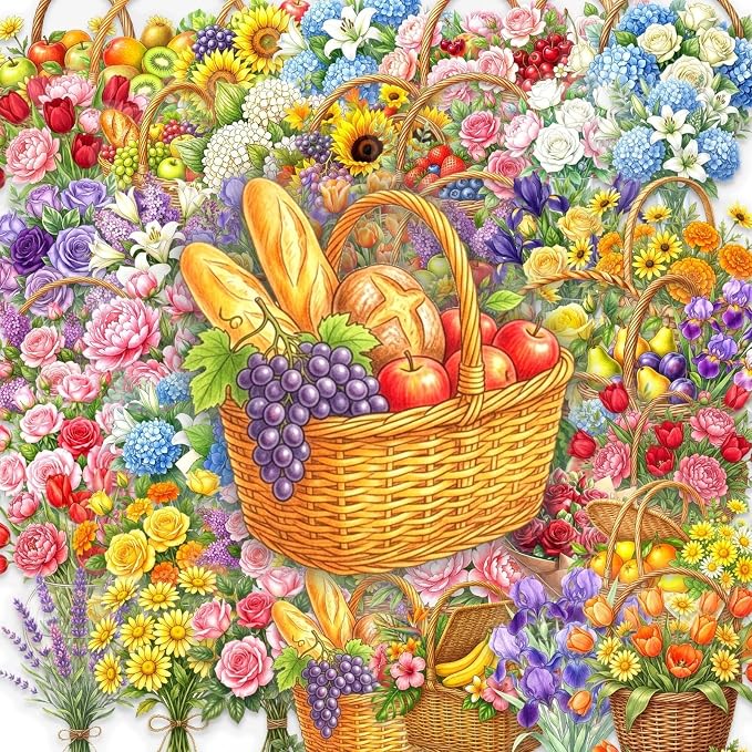 50 pcs Watercolor Flower Fruit Basket Clear PET Stickers, Colorful Rose Sunflower Floral Food Transparent Die-Cut Decals, Waterproof Stickers for Journal Scrapbook Planner Cottage DIY Decor