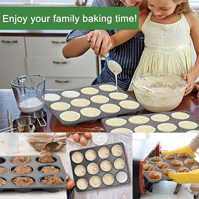 Herogo 12-Cup Nonstick Muffin Pan Tin for Baking, Metal Nonstick Cupcake Tray Set for Making Egg Muffin Quiches, Mini Brownie, Easy to Clean & Quick Release, Oven & Dishwasher Safe, Black