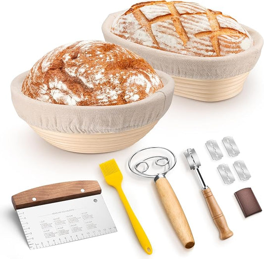 TeamFar Sourdough Bread Baking Supplies, 9” Round & 10” Oval Bread Proofing Basket Set with Liner, Sourdough Starter Kit for Bread Making, Bread Lame/Whisk/Dough Scraper/Basting Brush