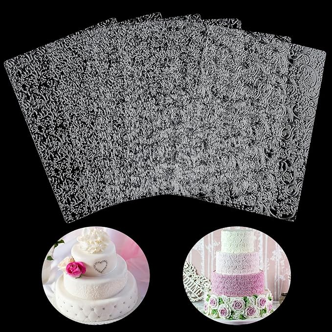 Ocmoiy 6 Pack Fondant Texture Sheets Floral Cake Impression Mats Rose Vine Lace Fondant Embossing Molds for Cake Decorating, Chocolate, Gum Paste, Wedding Cookies