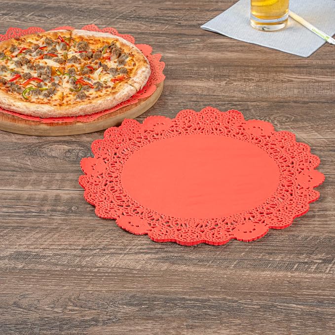 Restaurantware Pastry Tek 12 x 12 Inch Lace Doilies 100 Decorative Tableware Placemats - Disposable Round Red Paper Table Doilies For Birthdays Or Weddings Table Decor