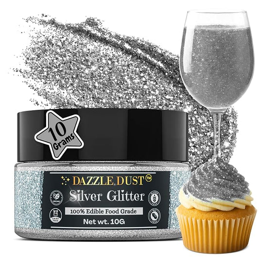 Dazzle Dust Edible Glitter Sprinkles for Cake Decorating, Drinks, Cookie, Icing, Dessert Decorations, Sparkly Luster, Food-Grade, Vegan, Gluten Free, Kosher, Bulk 10g, Silver