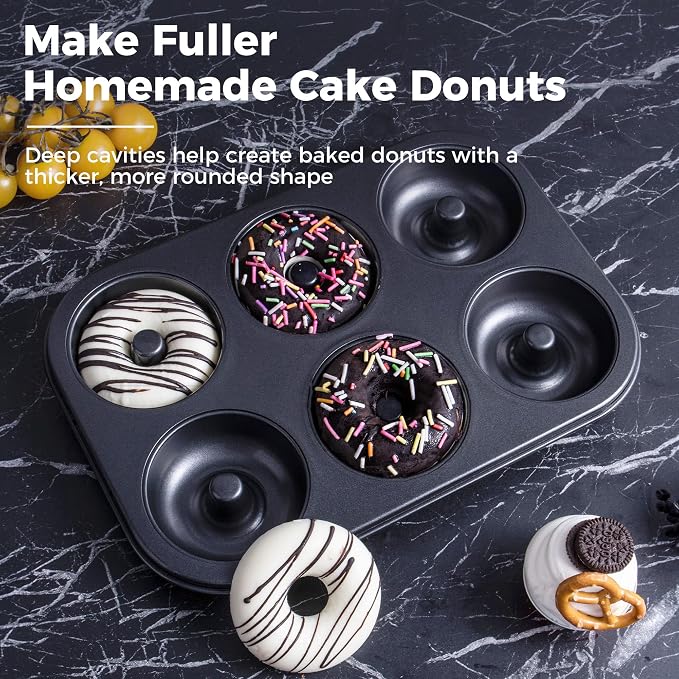 HONGBAKE Donut Pan for Baking, 2-Pack Nonstick Doughnut Pans, 6-Cavity Deep Donut Mold for Fuller Baked Cake Donuts, Heavy-Duty Carbon Steel, Oven Safe to 450°F - Black