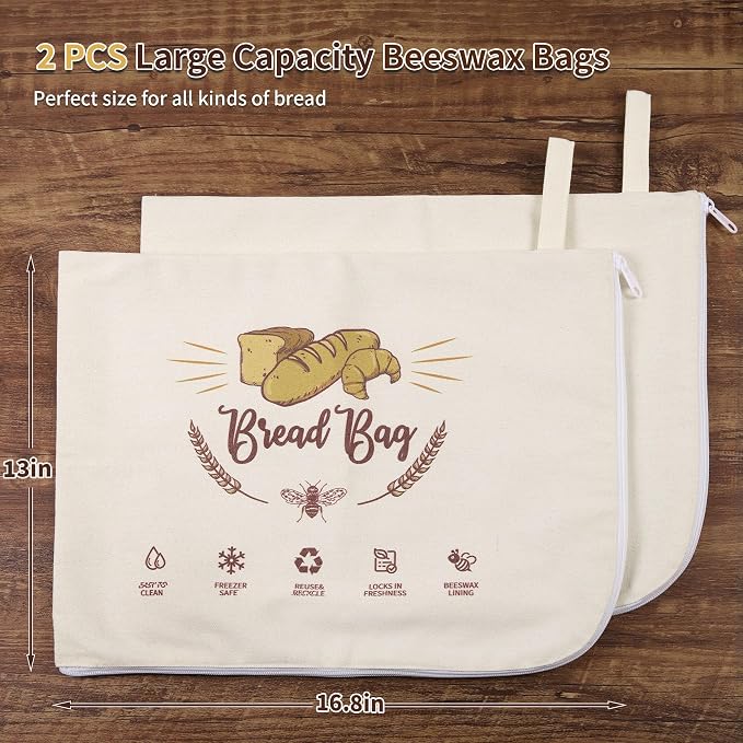 2 Pack Reusable Beeswax Bread Bag with L-Shaped Zipper, X-Large | Easy-Access Wrap for Sourdough & Baguettes, Sustainable Organic Cotton Food Storage, Zero Waste Artisan Bread Protector
