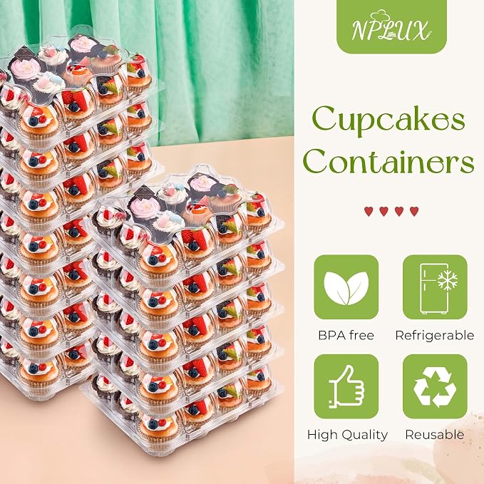 NPLUX 12 Count Cupcake Containers 20 Pack Cupcake Holders Plastic Stackable Cupcake Boxes with Detachable Tall Dome Lids and 240 Liners for 240 Cupcakes, BPA Free, Standard Size