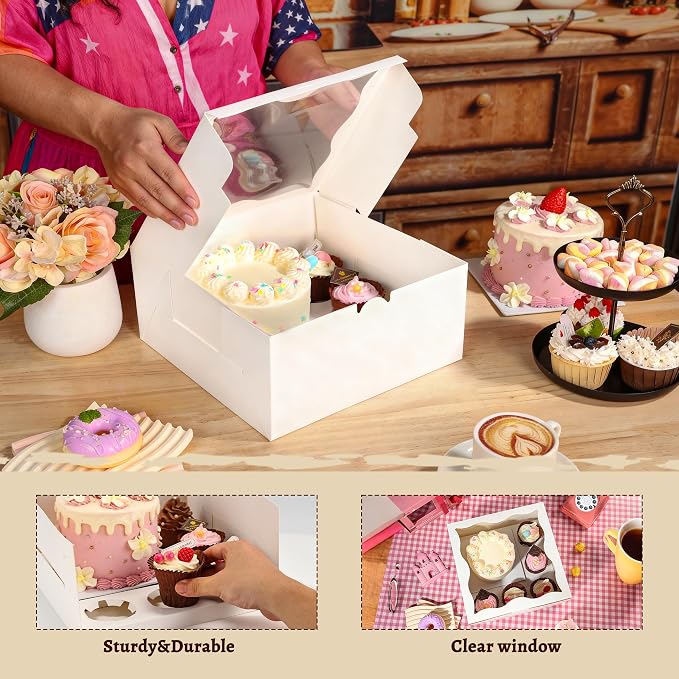 8 Packs Bento Cake Box with Cupcakes, 1+5 Cupcake Box Combo with Clear Window,Fit 5 Cupcakex and 1 Mini Cake for Wedding Birthday Party Baby Shower Baking Supplies