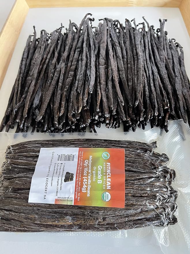 1 Lb Organic Madagascar Vanilla Beans Grade B. Certified USDA Organic 6"-7" by FITNCLEAN VANILLA. 16 oz Whole NON-GMO Bourbon Pods