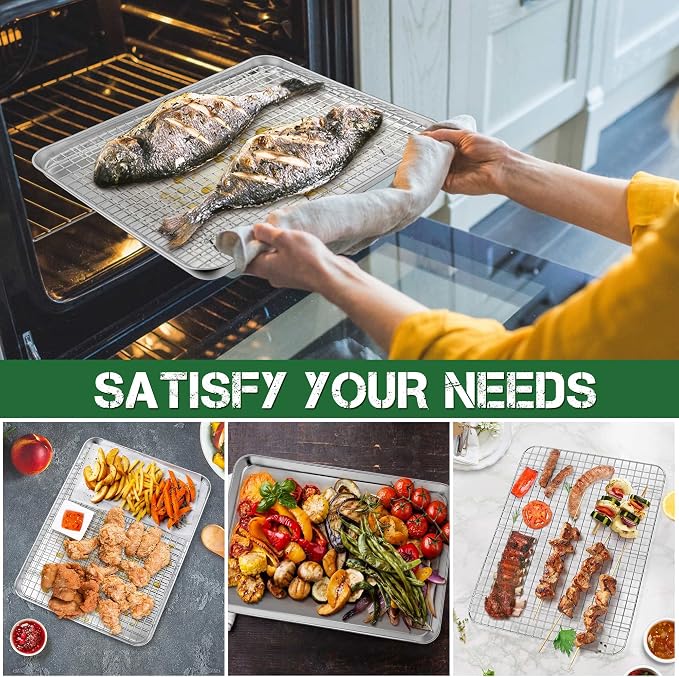 P&P CHEF 12.5 Inch Toaster Oven Pan with Rack Set, Stainless Steel Baking Pan Tray and Grid Cooling Rack for Cooking/Roasting, Dishwasher Safe & Easy to Clean, Non-toxic & Sturdy, (4Pcs)
