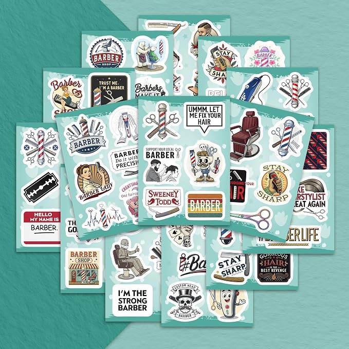 100Pcs Barber Stickers and Decals for Water Bottle, Laptop - Barbershop Stickers - Barber Gifts for Men, Party Supplies - Gift for Women & Men