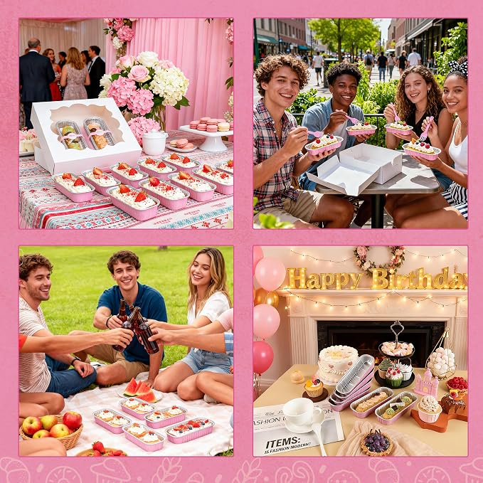 NPLUX Mini Cake Pans with Lids and Spoons, 60 Pack Pink Mini Loaf Pans with Lids, Aluminum Foil Mini Cake Containers for Baking, Individual Cake Pans with Lids, Graduation Gifts Party Favors