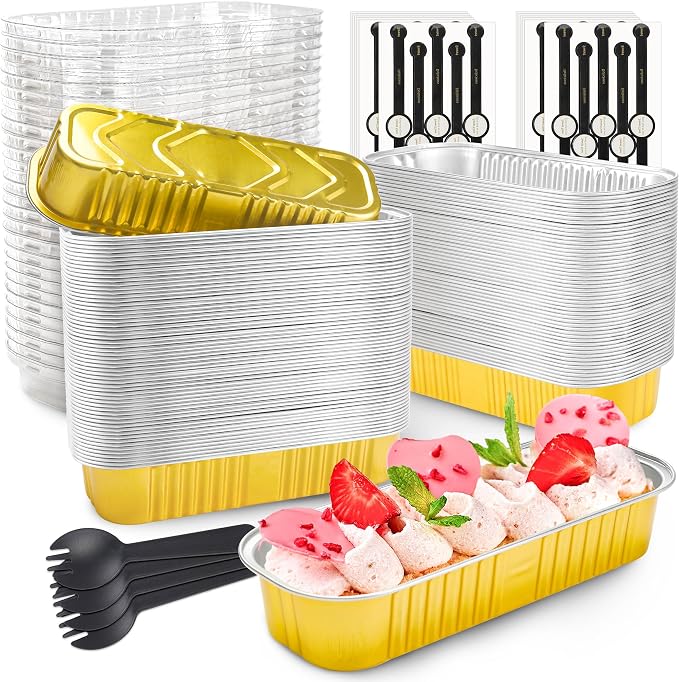 NPLUX Mini Loaf Pans with Lids and Spoons Rectangular Aluminum Foil Baking Pans Mini Cheesecake Containers 6.8oz, Graduation Gifts Party Favors(120 Pack, Gold)