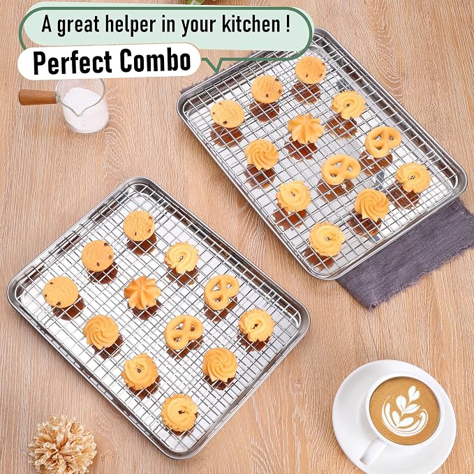 Homikit Baking Half Sheet with Rack Set (2 Pans+2 Racks), 18" x 13" Stainless Steel Cookie Sheets Pan with Wire Cooling Racks for Baking, Nonstick Large Bacon Crisp Trays for Oven, Non Toxic