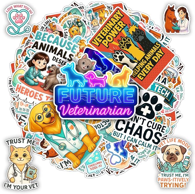 100 PCS Veterinary Stickers, Cute Vet Tech Waterproof Vinyl Sticker for Teens Adults, Animal Doctor Decals for Laptop Water Bottle Scrapbook Wall Decor Gift for Birthday 9 Sheets Students