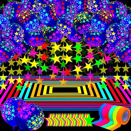 Skylety 32 Pcs Glow in The Dark Party Supplies Neon Party Favors with 25 Fluorescent Balloon 6 Rolls 98.4 ft UV Blacklight Luminous Tape 14.4 ft Neon Streamer Garland for Adults(Clear Star)