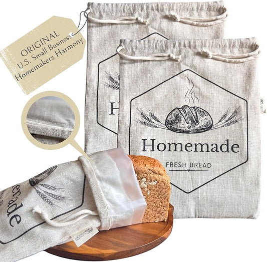 2 Pack XL Bread Bags for Homemade Bread, 18 x 14 in Organic Linen Sourdough Bags – Reusable Bread Storage Bags, Keeps Bread Fresh Longer – by Homemakers Harmony