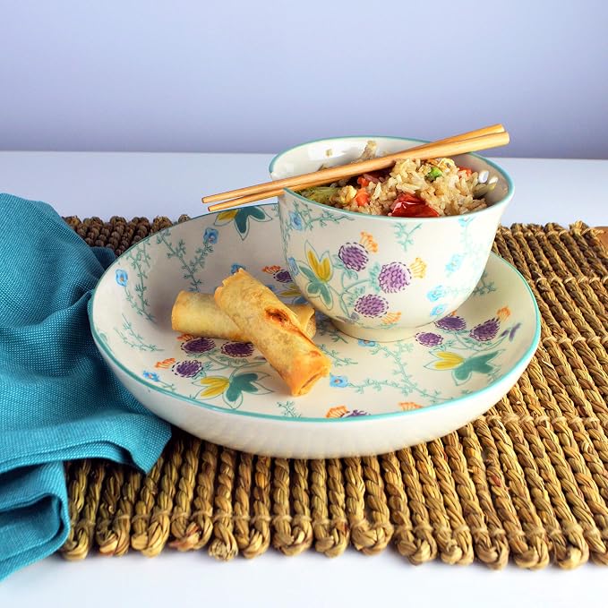 Ceramic Ramen Bowl Set | Ella Collection by Euro Ceramica | Salad Soup Ramen Bowl 2 Sizes Included with Chopsticks | Microwaveable Bowl for Ramen, Noodles, Pho, and Udon - Red Floral Design