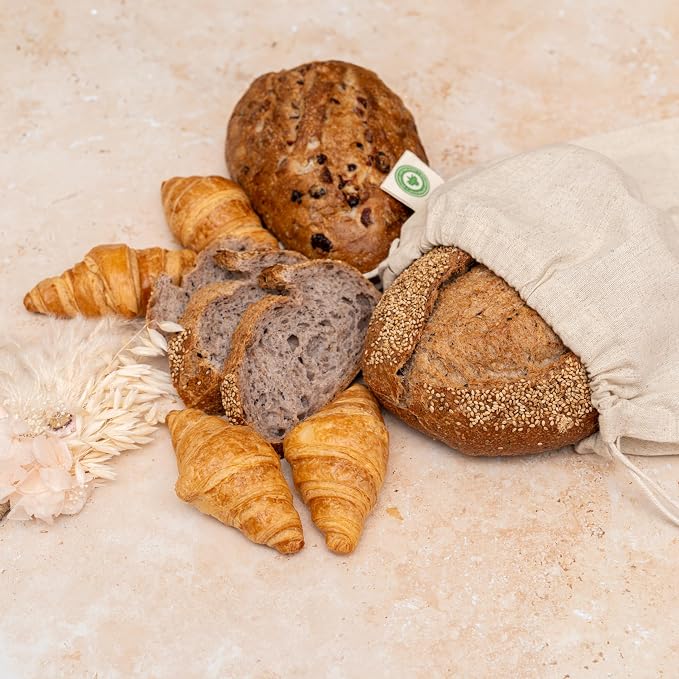 Reusable Linen Sourdough Bread Bags - 2 Pack Reusable, Undyed, Toxic-free, Washable and Perfect for Storing and Transporting Your Homemade Bread - Artisan Linen Bread Loaf Bags (2 Bags - 12”x15”)