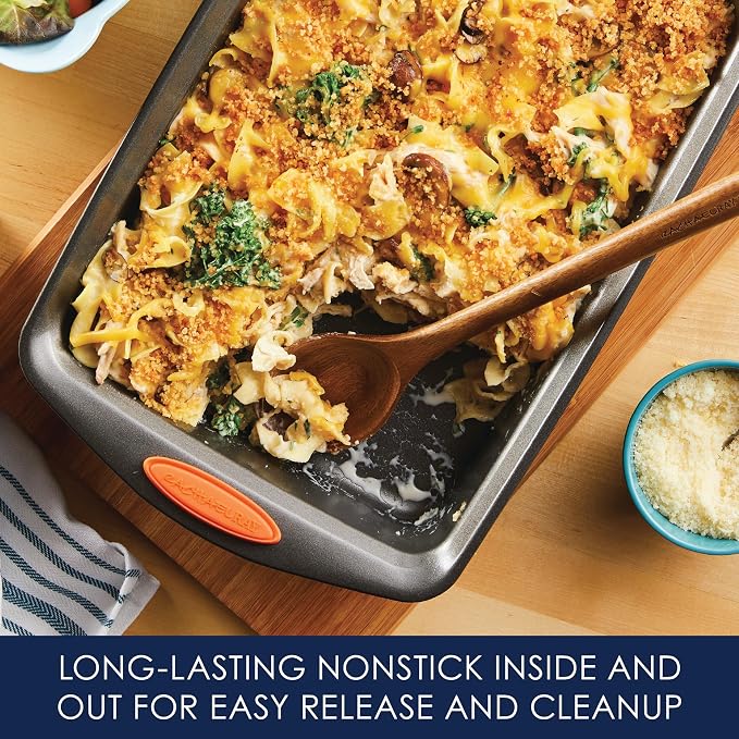 Rachael Ray Yum-o! Nonstick Bakeware Oven Lovin' Rectangle Cake Pan, 9-Inch by 13-Inch, Gray with Orange Handles