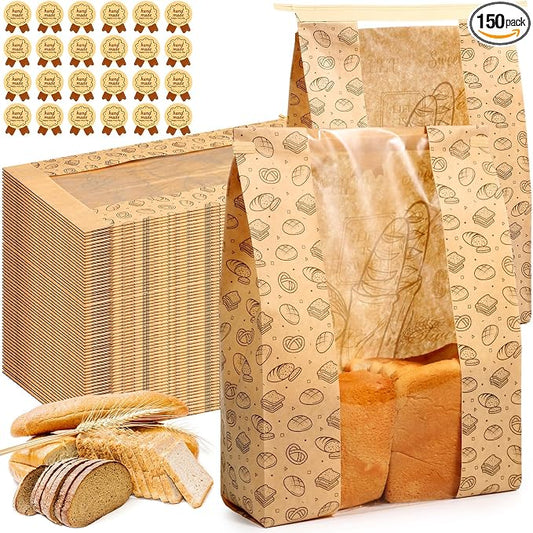 Feifeiya 150 Pack Kraft Paper Bread Bags for Homemade Sourdough Bread Bag with Clear Window 13.7 x 8.2 x 3.5 Large Bakery Packaging for Treat Storage Gift Giving with Seal Sticker
