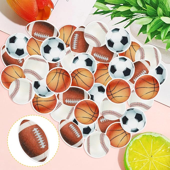 48 PCS Edible Sports Cupcake Toppers Wafer Paper Baseball Rugby Cupcake Picks Edible Basketball Soccer Football for Cake Decorating Sports Ball Game Theme Kids Birthday Party Cake Decorations Supplies
