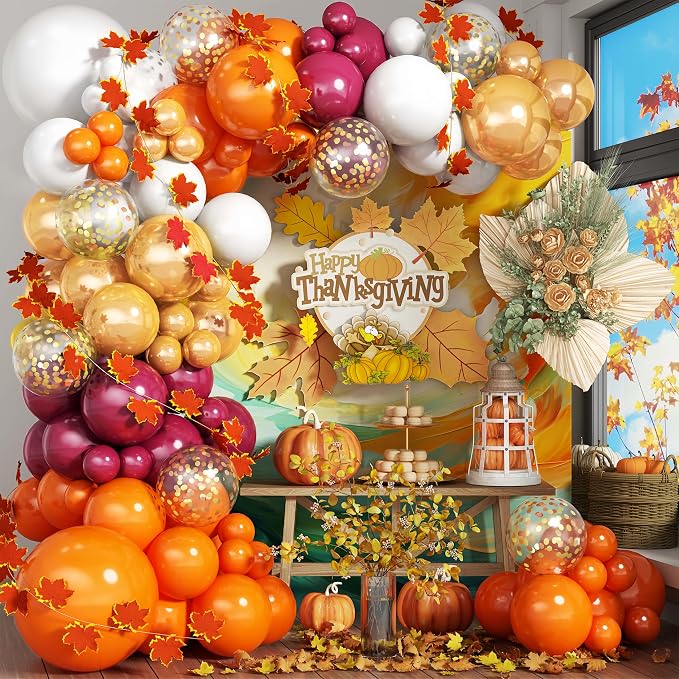 Fall Balloon Arch Kit, Orange Gold Burgundy Fall Balloon Garland Kit, Thanksgiving Balloons with 2pcs 2-Meter-Long Maple Leaves, Pearl Gold Orange White Balloons for Autumn Harvest Party Decorations