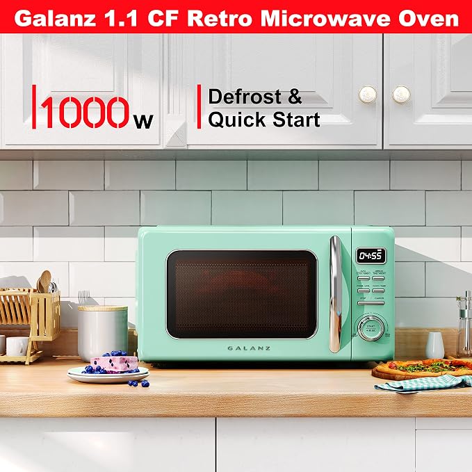 Galanz GLCMKZ11GNR10 Retro Countertop Microwave Oven with Auto Cook & Reheat, Defrost, Quick Start Functions, Easy Clean with Glass Turntable, Pull Handle, 1.1 cu ft, Green
