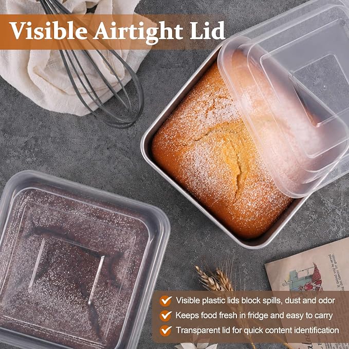 LIANYU 6 x 6 Inch Square Cake Pans with Lids, 2 Inch Deep Stainless Steel Lasagna Brownie Pan, Healthy Non-Toxic Bakeware, Dishwasher Safe (2 Pan +2 Lid)