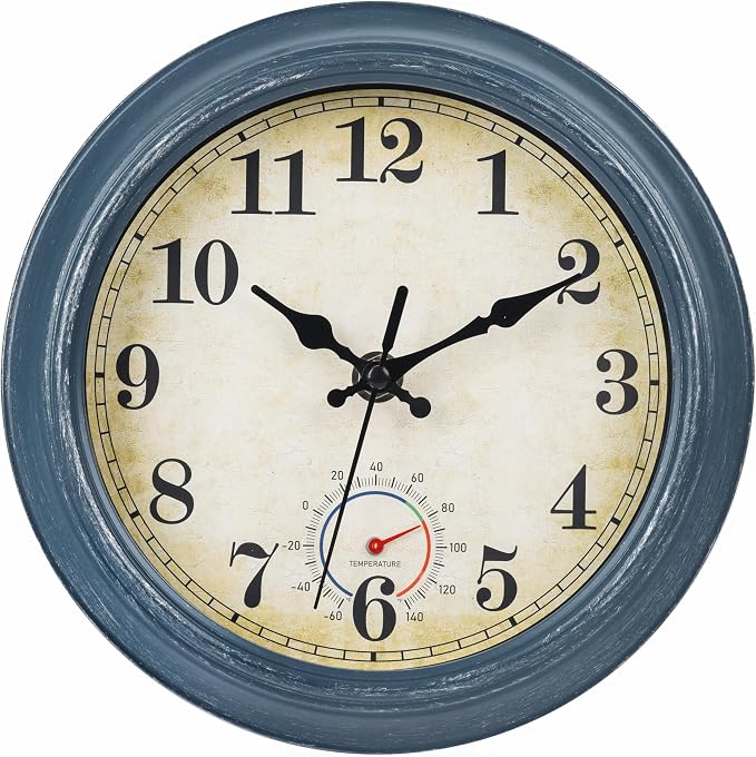 Outdoor Clocks Waterproof with Thermometer Combo Rustic Coastal Beach Wall Clock Decor for Bathroom Patio Pool (8 Inch,Blue)