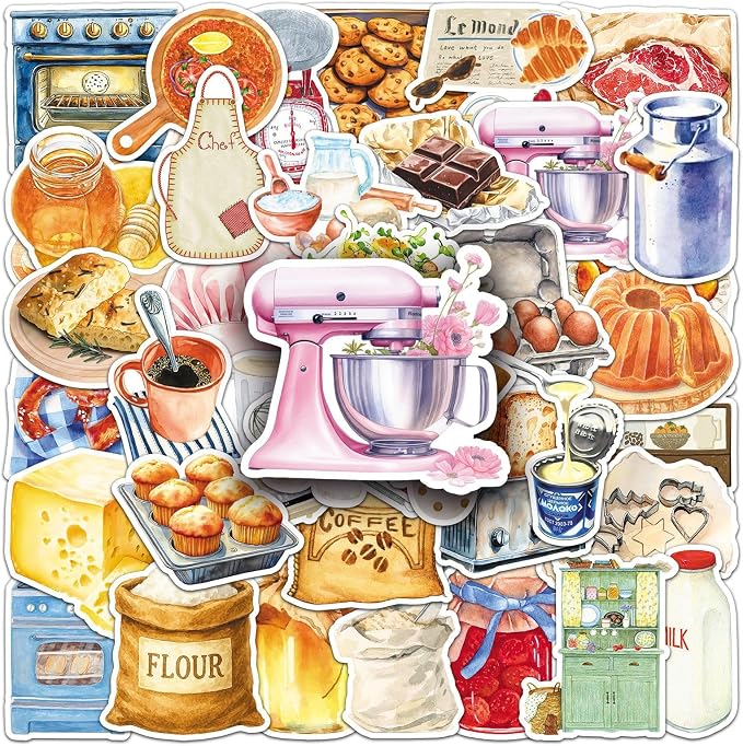 50Pcs Watercolor French Breakfast Stickers,Waterproof Vinyl Brunch Bakery Stickers for Journaling,Laptop,Water Bottle, Planner,Scrapbook,Phone Case,Notebook, DIY Decor for Food Lovers