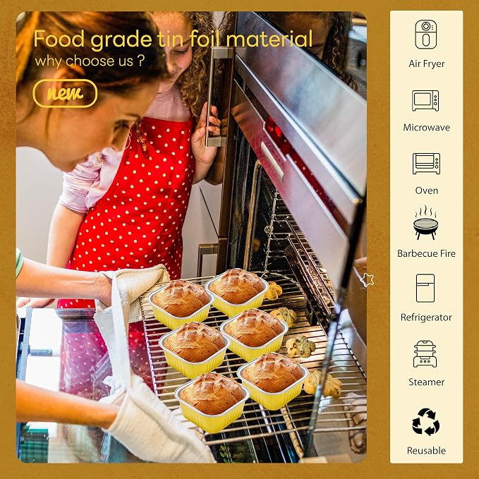 NPLUX 50 Pack Mini Cake Pans with Lids and Spoons Aluminum Foil Pans Square Cake Tins for Bakery Party Wedding, Graduation Gifts Party Favors(Gold,5 oz)
