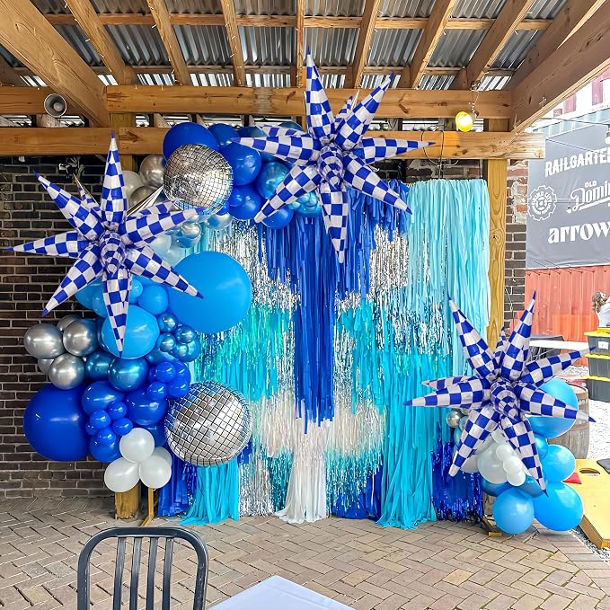 2 * 12 Pcs Blue Silver Iridescent Checkered Star Foil Balloons/Race Car Party/Talla*dega Nights 1st Birthday/Outer Space Galaxy Theme/Las Vegas Casino Bar Party/Father's Day(2Pcs Blue laser)
