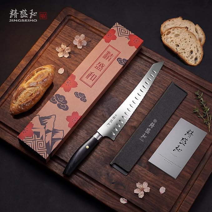 Bread Knife for Homemade Bread, Serrated Blade 10 in with Cover and Offset Handle, Outward-Curved Edge for Clean Even Slices, Slicer Cuts Sourdough, Bagels, Ham, Pineapple, Ideal Gift