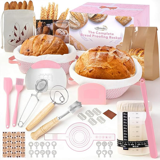 Sourdough Starter Kit, 9" Round and 10" Oval Banneton Bread Baking Supplies, Bread Making Tools Kit, Sourdough Proofing Basket, Sourdough Kit Gifts for Bakers Women Wife Mom