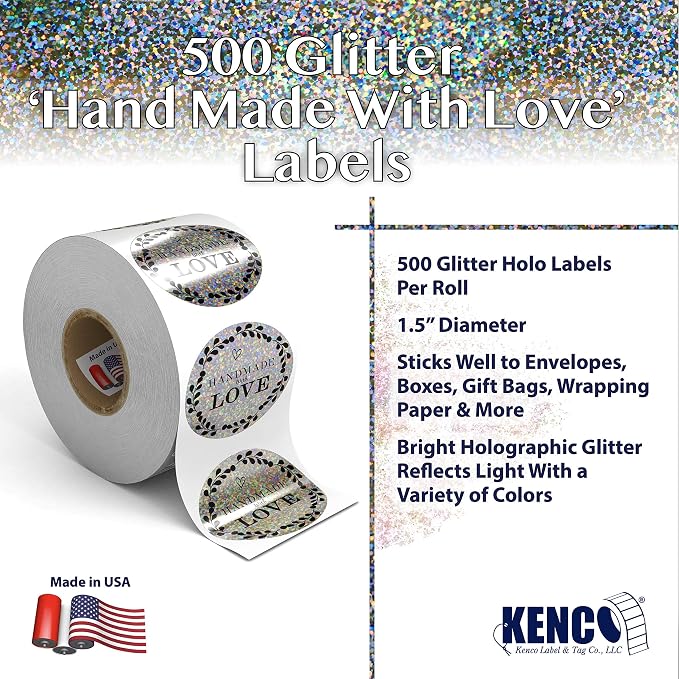 Kenco 1.5" Inch Handmade with Love Stickers, Made in The USA! for Envelopes, Boxes, Packaging and More - 500 Labels Per Roll (2 Pack 1,000 Stickers, Holo)