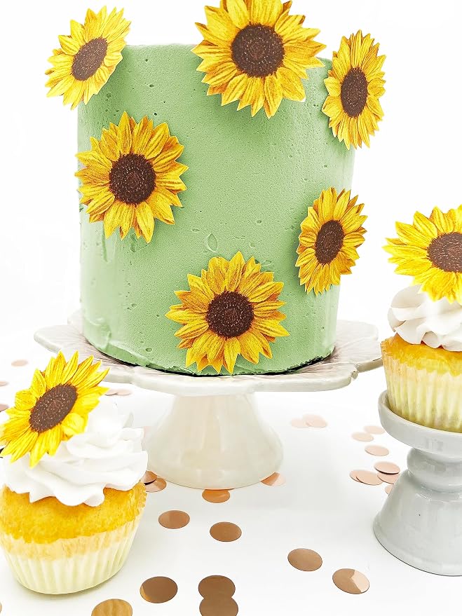 Sugar Robot inc - Edible Wafer Sunflowers for cake decorating - Large Size - Edible flowers cake decorations - Premium Crafted - Made in the USA Cake -Set of 12 (Sunflowers)