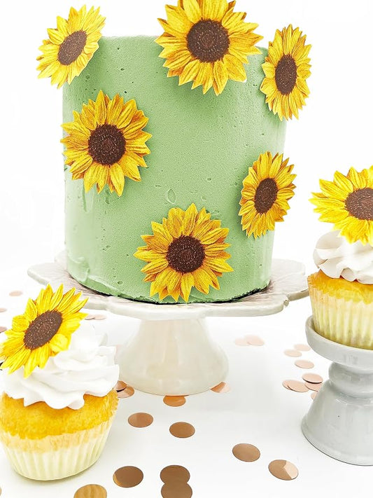 Sugar Robot inc - Edible Wafer Sunflowers for cake decorating - Large Size - Edible flowers cake decorations - Premium Crafted - Made in the USA Cake -Set of 12 (Sunflowers)